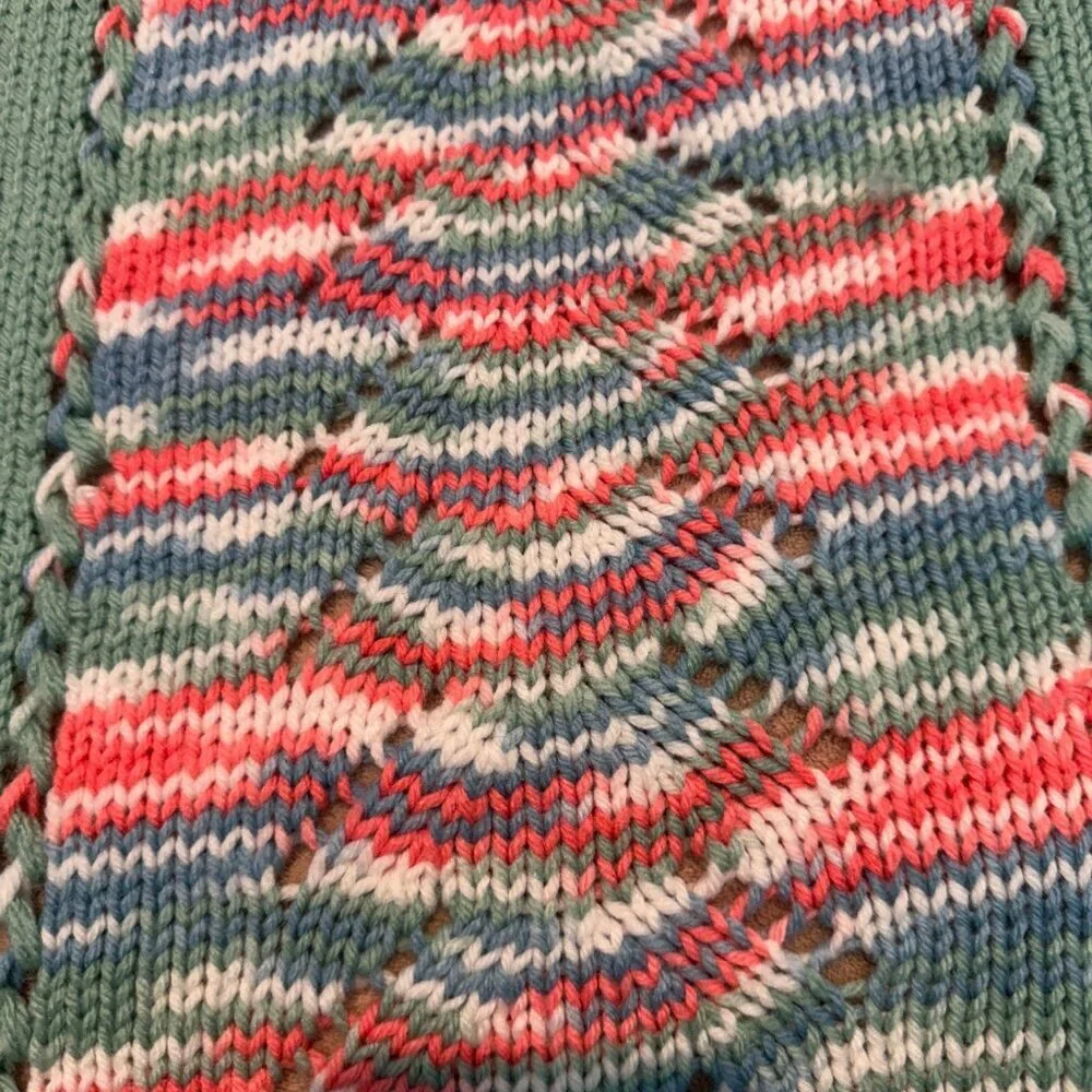 Vintage Large Crocheted Afghan Pink Mint and White with Blue Accents Lap Warmer